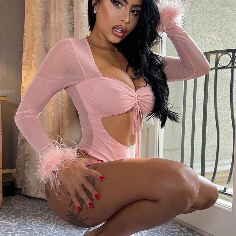 Pink feather fuzzy bodysuit with front cut out